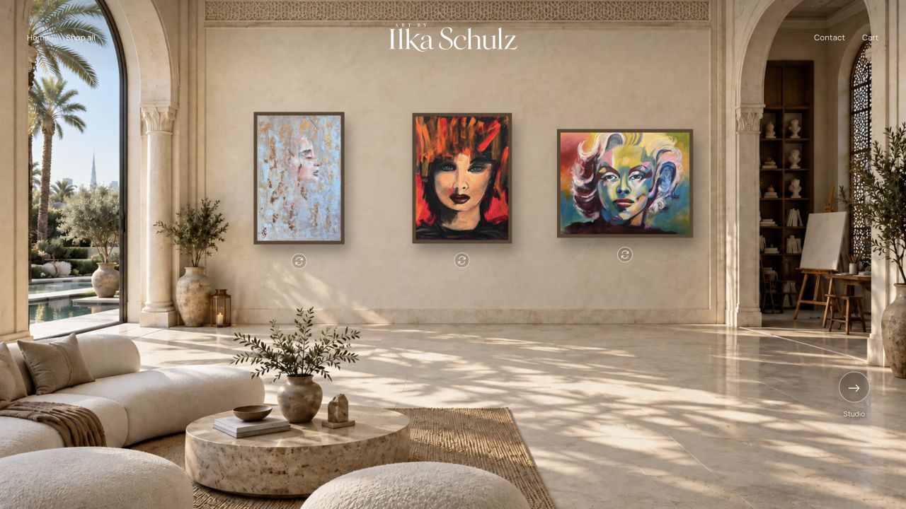The Art by Ilka Schulz website showing paintings in its virtual salon